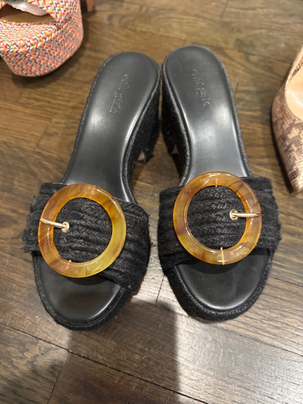 cult gaia Black Rope Slide Sandals with Amber Circular Buckle